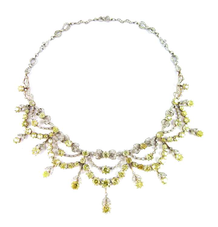 Antique yellow and white diamond and platinum garland necklace
